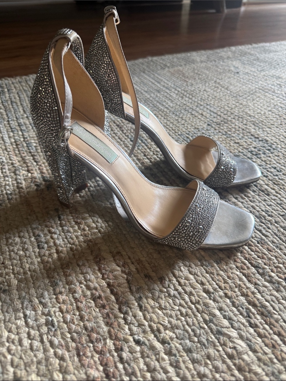 Betsey Johnson Silver Rhinestone Block Heel Sandals